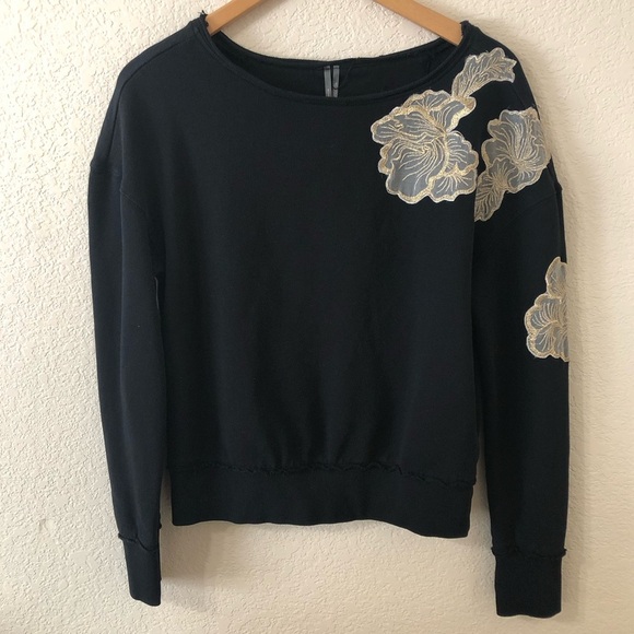 Anthropologie Black Cotton Lightweight Embroidered Shimmer Flower Sweater Small - Picture 1 of 6
